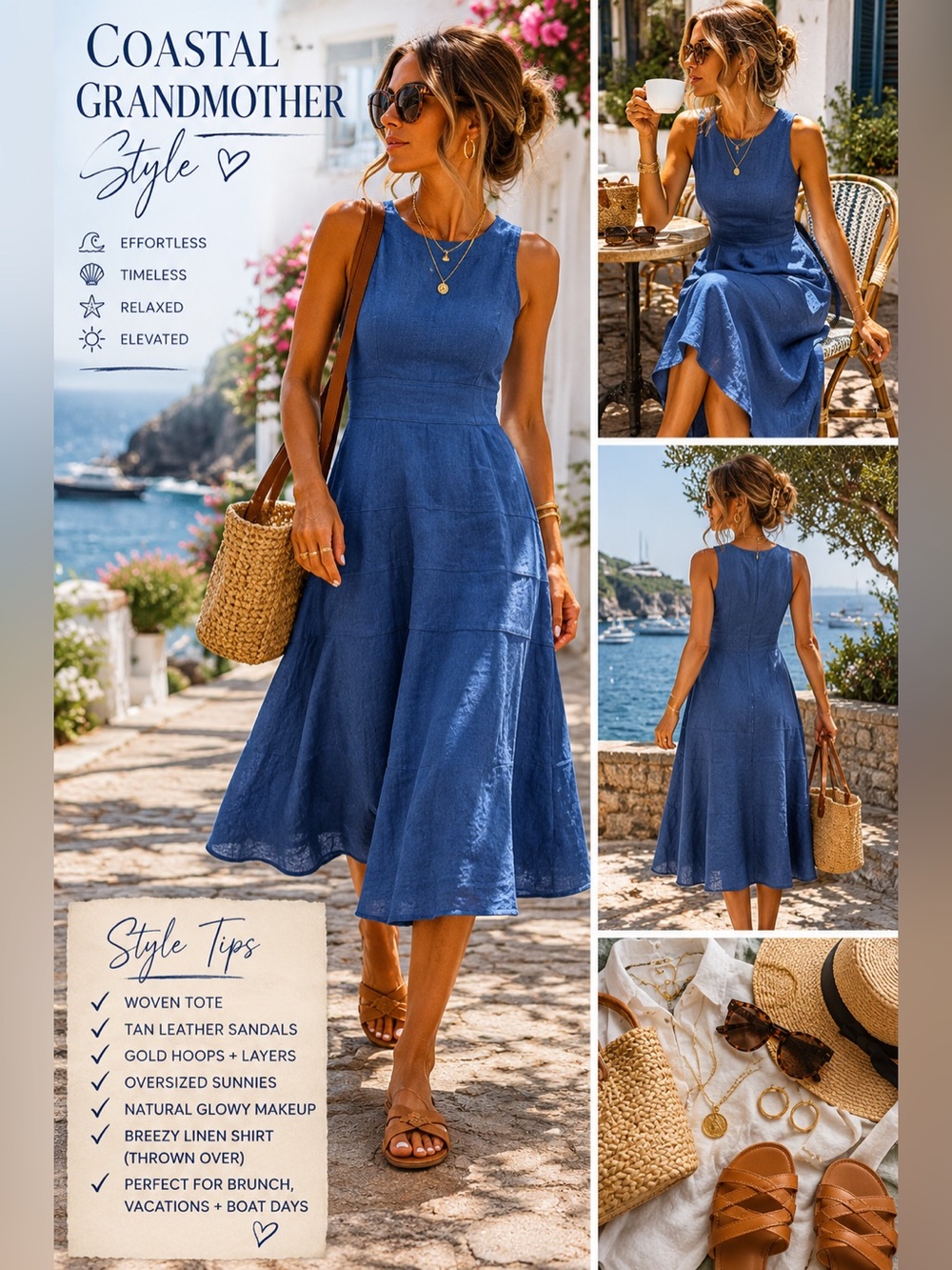 Jones New York 100% Linen Dress 12 Blue Midi Resort Wedding Guest coastal B2